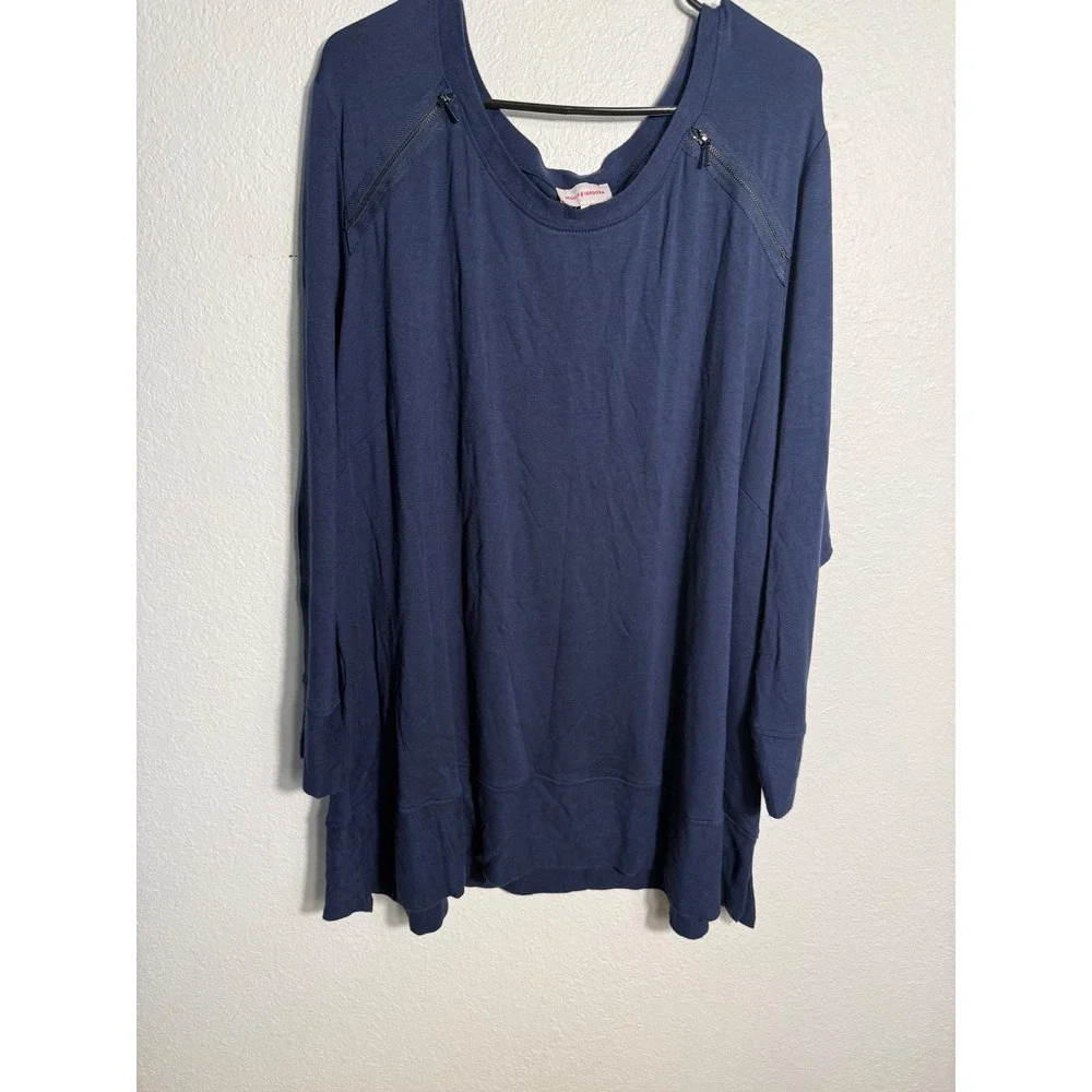 NWT Molly & Isadora Navy Blue Zipper Shoulder Long Sleeve Tunic Top Plus Size 3X